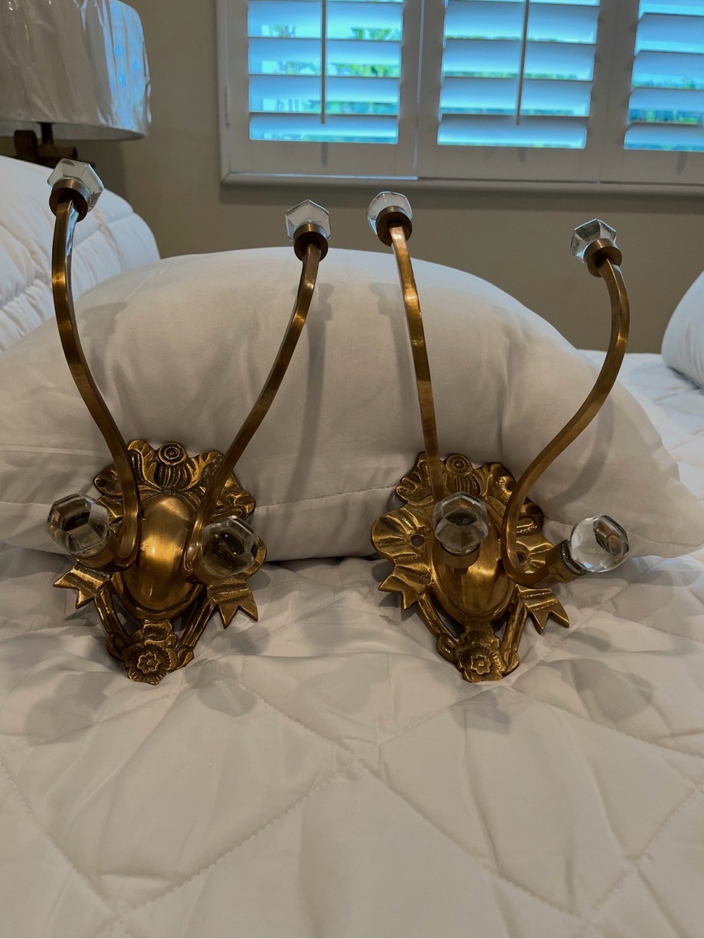 One Pair of Gold Two-Arm Wall Sconce with Glass Finials